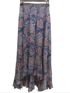 Vanessa Virginia Anthropologie Silk Navy Paisley High-Low Maxi Skirt Size 0